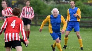 Mandatory Credit: Photo by Geoff Moore/REX/Shutterstock (5691847l) Dickie Borthwick playing football 80-year-old is 'Britain's oldest footballer', Dorset, Britain - 21 May 2016 *Full story: http://www.rexfeatures.com/nanolink/sdhq Despite having celebrated his 80th birthday, Dickie Borthwick is still playing the 'beautiful game' and claims to be the UK's oldest football player. His recent outing saw him take part in a match at Chickerell near Weymouth where he played for the Chickerell Former Coaches against their Under 16 team. The final score was 3-3. Dickie said: "I have recovered from cancer recently. I cook myself some very healthy meals these days and I just love playing the wonderful game. "I'm sure that my claim to the title as the oldest regular football player in the UK is still very much valid". Playing for the Wyke Veterans, Dickie still turns out for games around Weymouth. Often called 'the oldest winger in town', he has clocked up 68 years playing football in total so far. A Norwegian film crew are even currently making a programme about him.